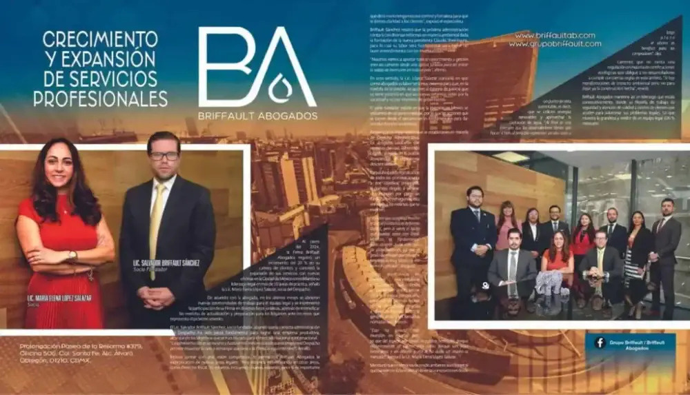 A professional corporate layout for Grupo Briffault featuring the leadership team and legal staff set against a golden hour cityscape. The warm lighting and clean design emphasize a sense of success and professional growth within the legal sector. Corporate profile showcasing the legal team and expansion vision of Grupo Briffault. #lawfirm #corporate #leadership
